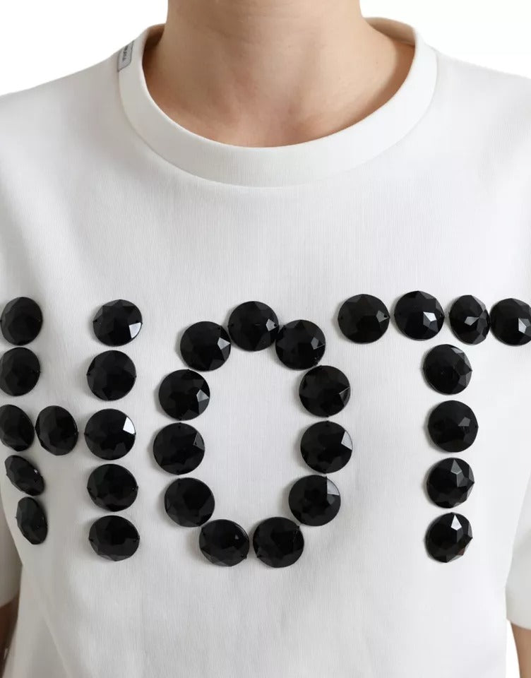 Dolce & Gabbana White Cotton Stretch T-shirt with Black HOT Crystal
