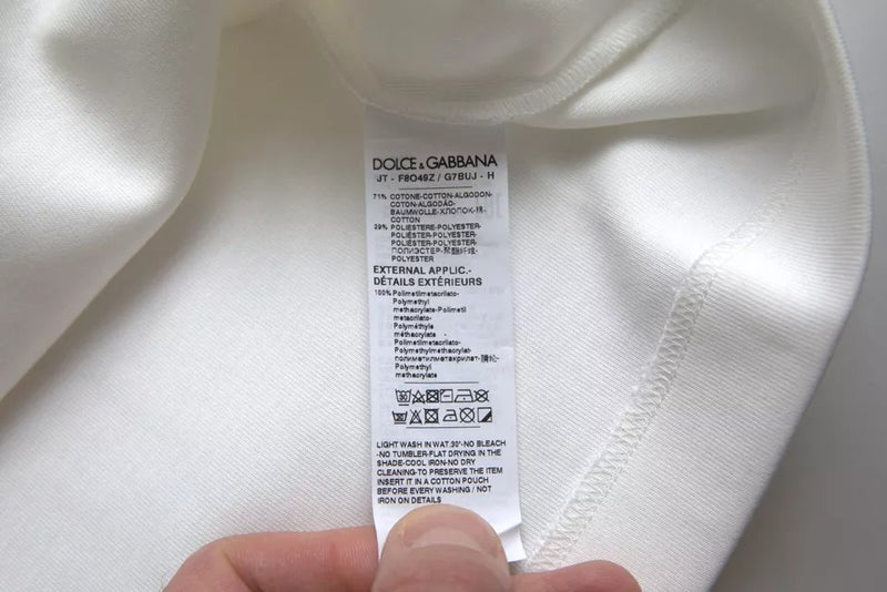 Dolce & Gabbana White Cotton Stretch T-shirt with Black HOT Crystal
