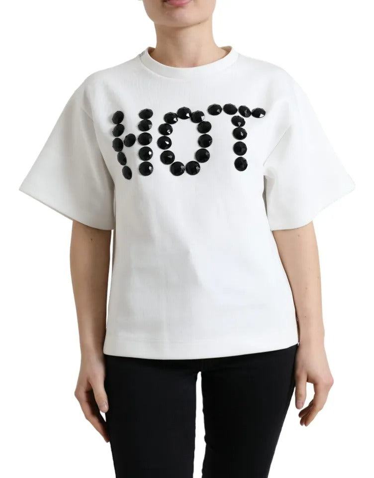 Dolce & Gabbana T-shirt Blanc en Coton Stretch avec Cristaux NOIRS HOT