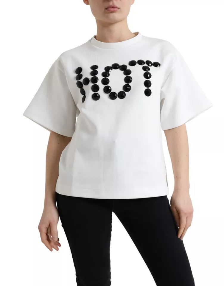 Dolce & Gabbana White Cotton Stretch T-shirt with Black HOT Crystal