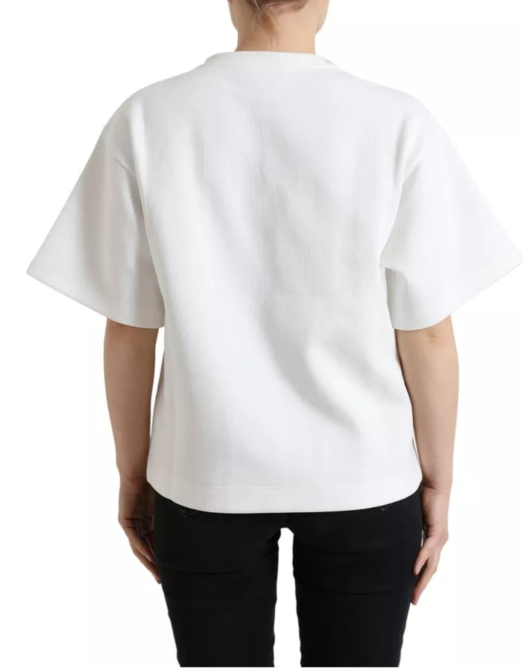 Dolce & Gabbana White Cotton Stretch T-shirt with Black HOT Crystal