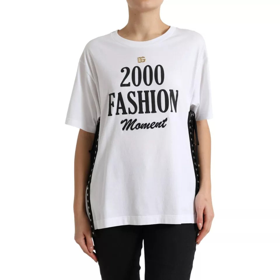 Dolce & Gabbana T-shirt Blanc avec Imprimé Slogan et Détails en Lanières