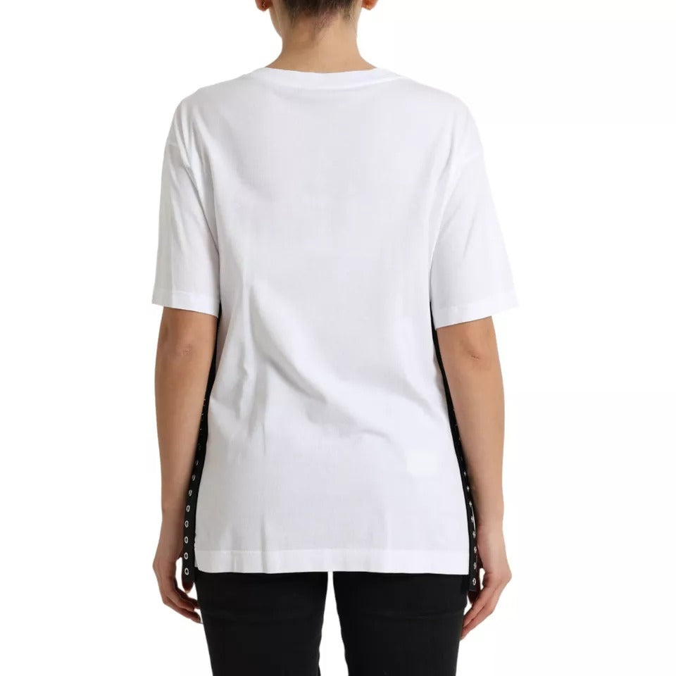 Dolce & Gabbana T-shirt Blanc avec Imprimé Slogan et Détails en Lanières