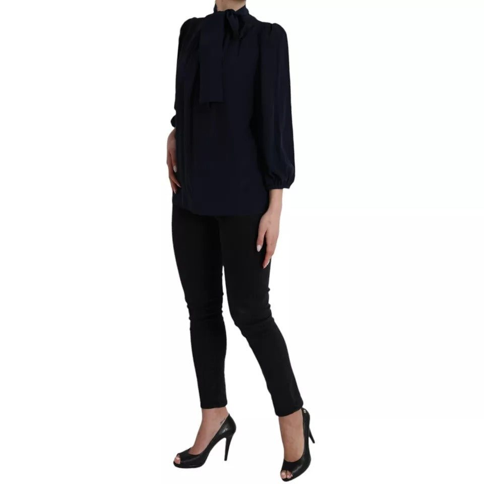 Dolce & Gabbana Blouse Top en Soie Bleue à Manches Longues