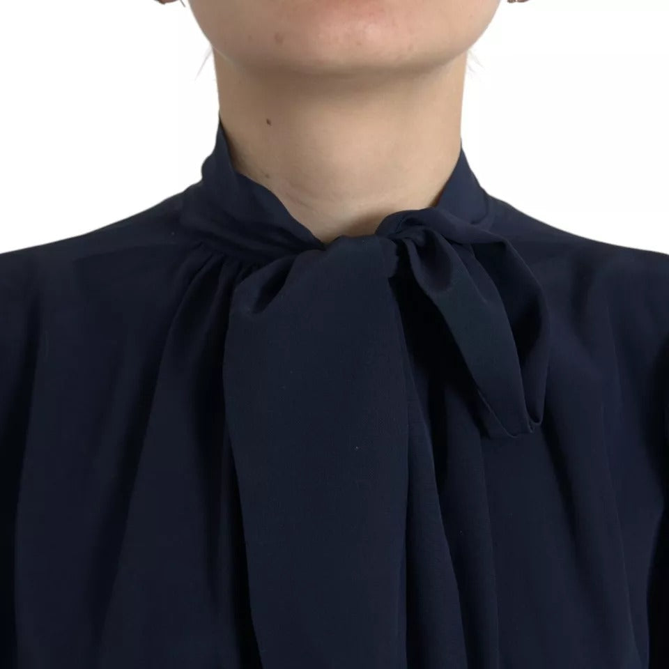 Dolce & Gabbana Blouse Top en Soie Bleue à Manches Longues