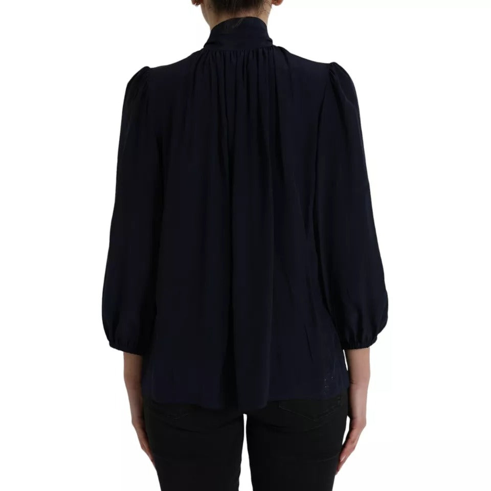 Dolce & Gabbana Blouse Top en Soie Bleue à Manches Longues