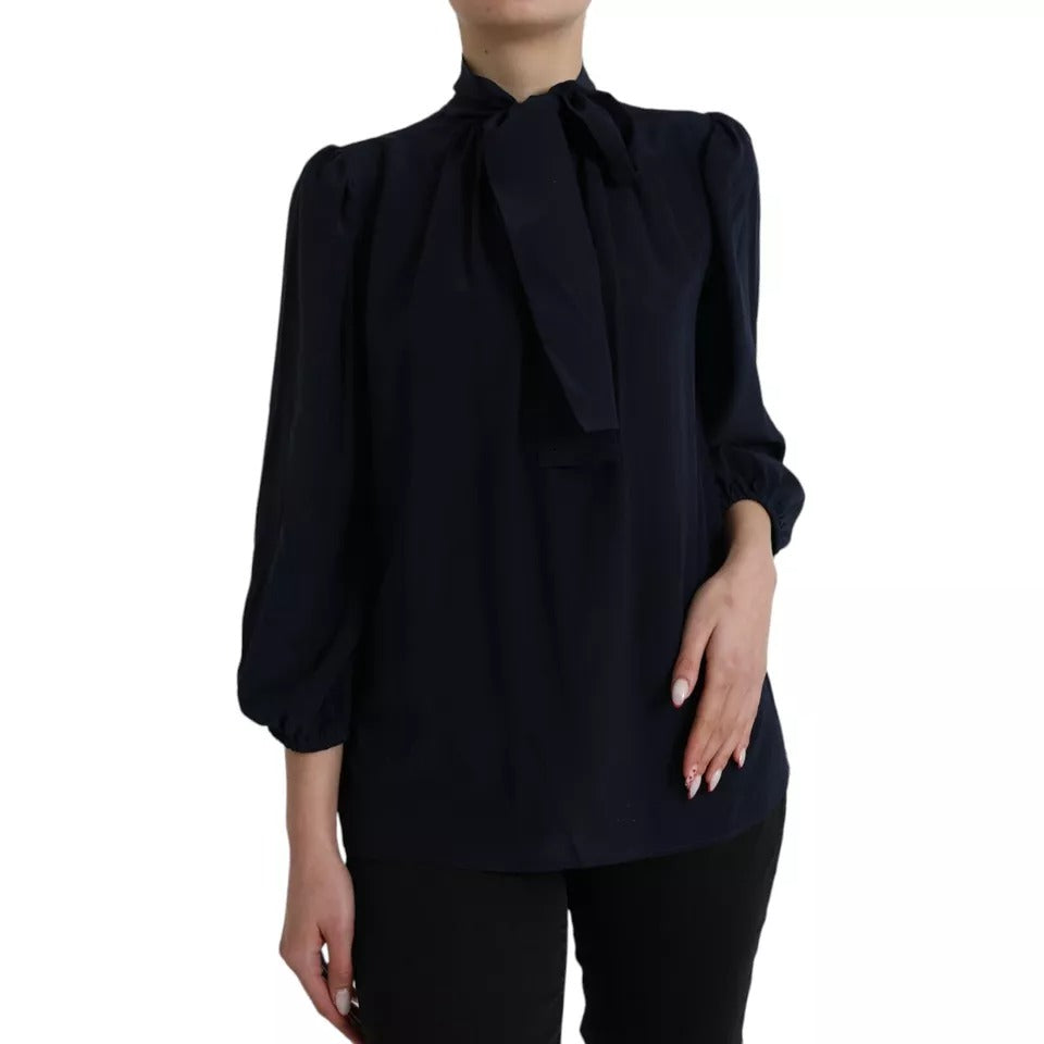 Dolce & Gabbana Blouse Top en Soie Bleue à Manches Longues