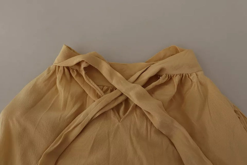 Dolce & Gabbana Mustard Ascot Collar Silk Blouse Top