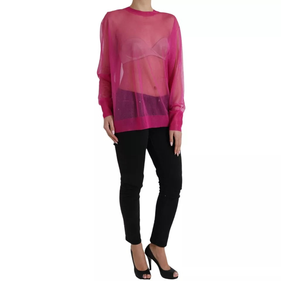 Dolce & Gabbana roze transparante top met ronde hals en lange mouwen
