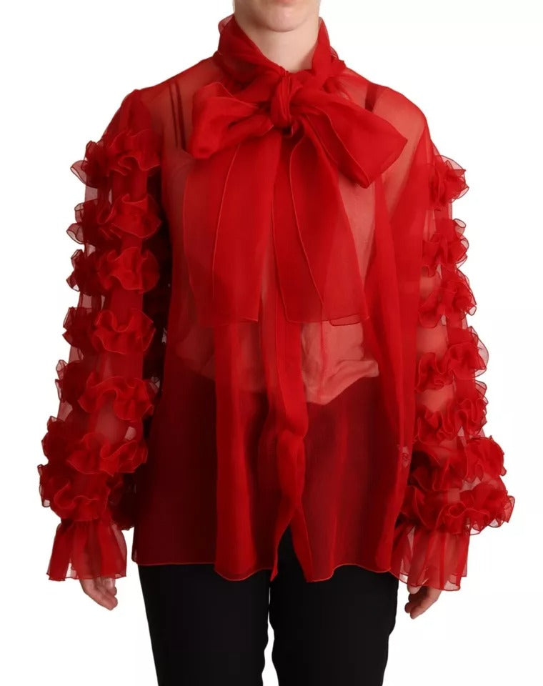 Blouse à col ascot et volants en soie rouge de Dolce & Gabbana