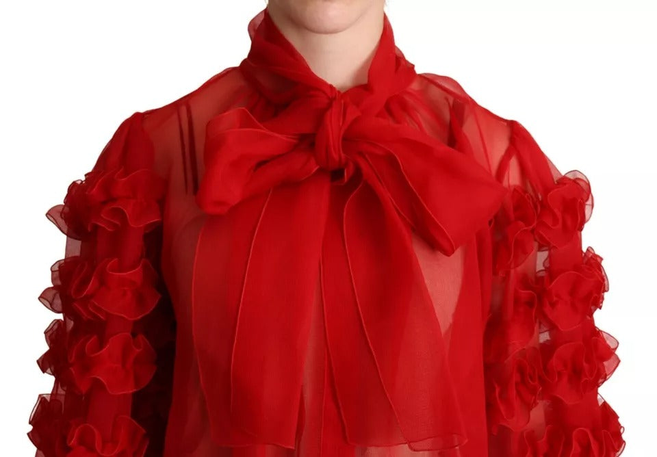 Blouse à col ascot et volants en soie rouge de Dolce & Gabbana