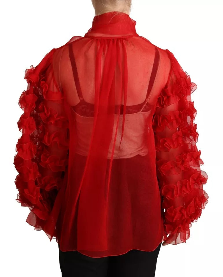 Blouse à col ascot et volants en soie rouge de Dolce & Gabbana