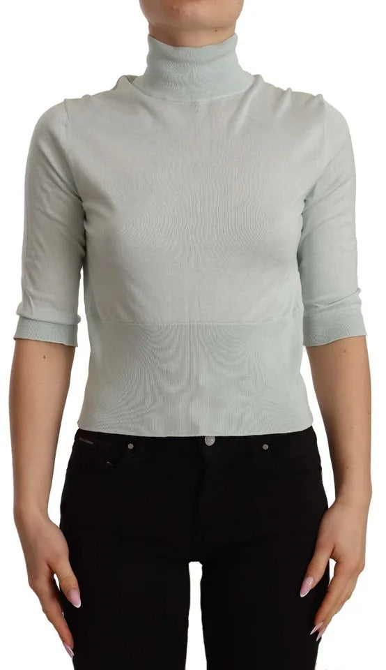 Top en soie Dolce & Gabbana vert menthe, manches 3/4, col montant.