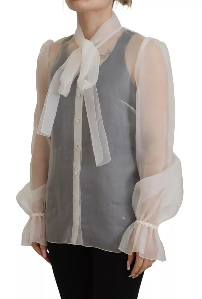 Dolce & Gabbana Blouse Top à Col Ascot Blanc à Manches Longues
