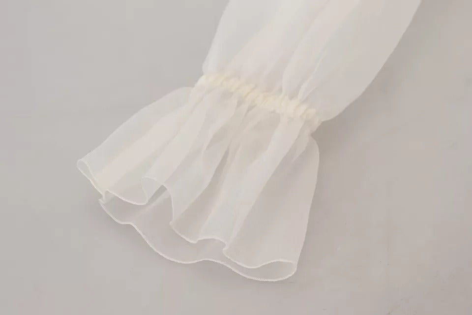 Dolce & Gabbana Blouse Top à Col Ascot Blanc à Manches Longues