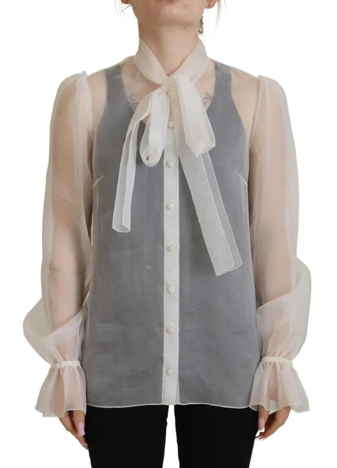 Dolce & Gabbana Blouse Top à Col Ascot Blanc à Manches Longues