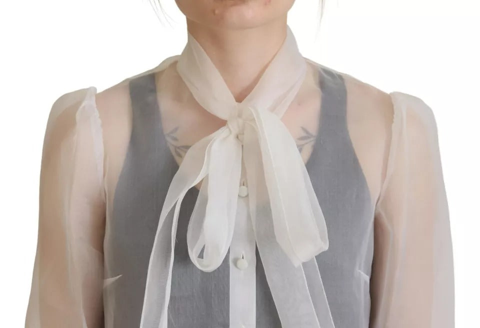 Dolce & Gabbana Blouse Top à Col Ascot Blanc à Manches Longues