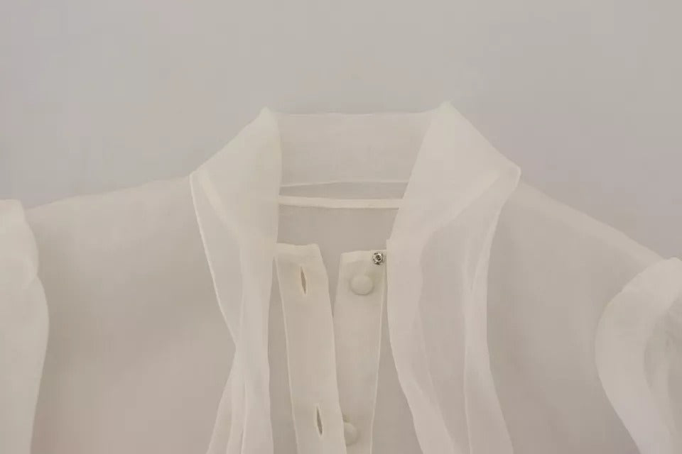 Dolce & Gabbana Blouse Top à Col Ascot Blanc à Manches Longues