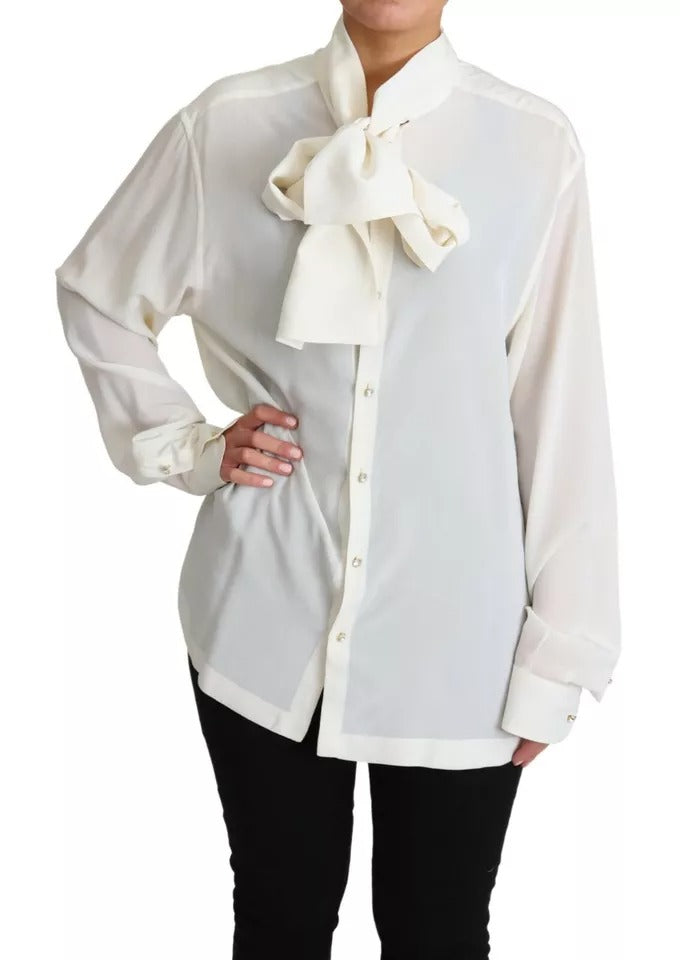 Dolce & Gabbana White Silk Blouse with Ascot Collar