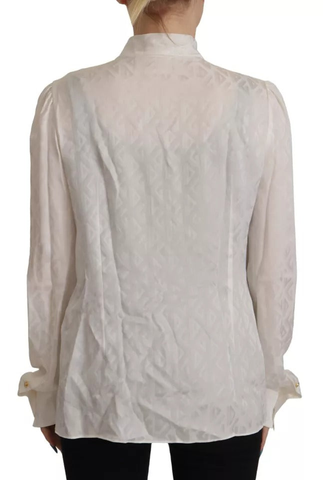 Dolce & Gabbana Blouse Top en Soie Blanche avec Col Ascot