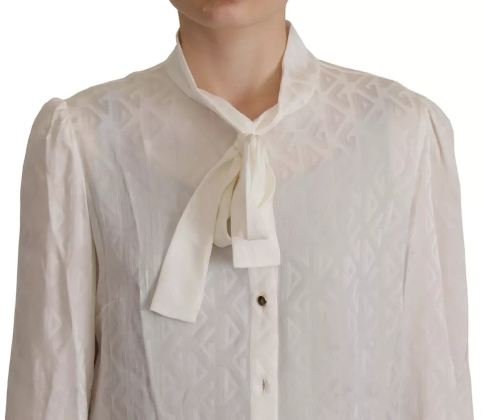 Dolce & Gabbana Blouse Top en Soie Blanche avec Col Ascot