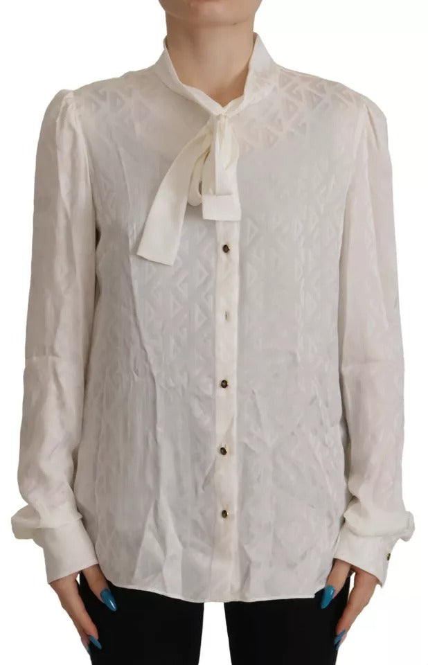Dolce & Gabbana Blouse Top en Soie Blanche avec Col Ascot