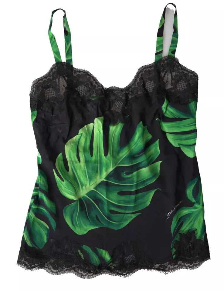 Dolce & Gabbana Black Philodendron Print Silk Camisole