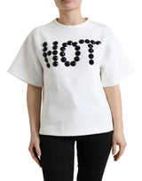 T-shirt Dolce &amp; Gabbana en coton blanc extensible, noir, avec cristaux chauds.