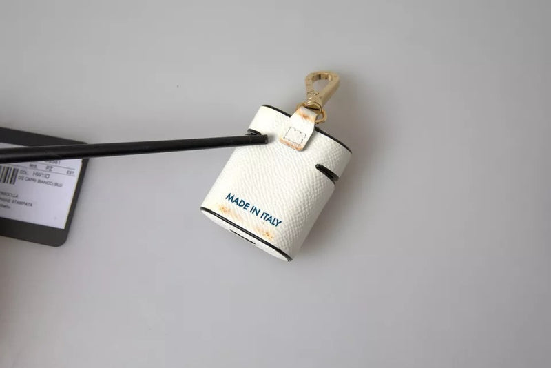 Dolce & Gabbana White Blue Calf Leather Logo Print Strap Airpods Case