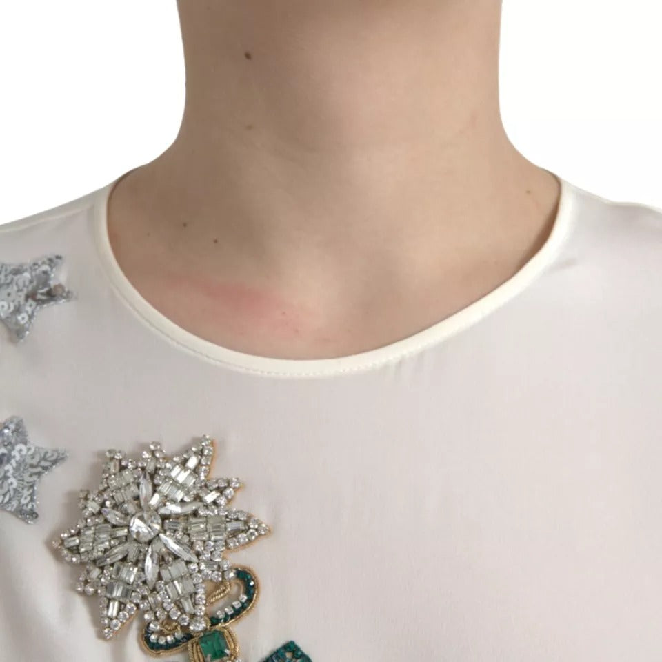 Dolce & Gabbana witte zijden blouse met kristallen en 3/4 mouwen