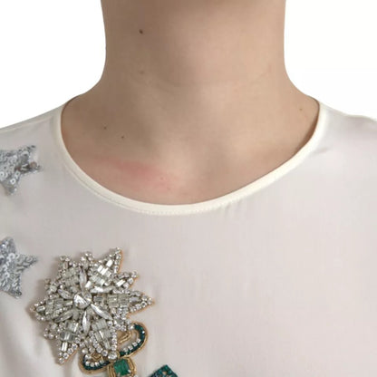 Dolce & Gabbana witte zijden blouse met kristallen en 3/4 mouwen