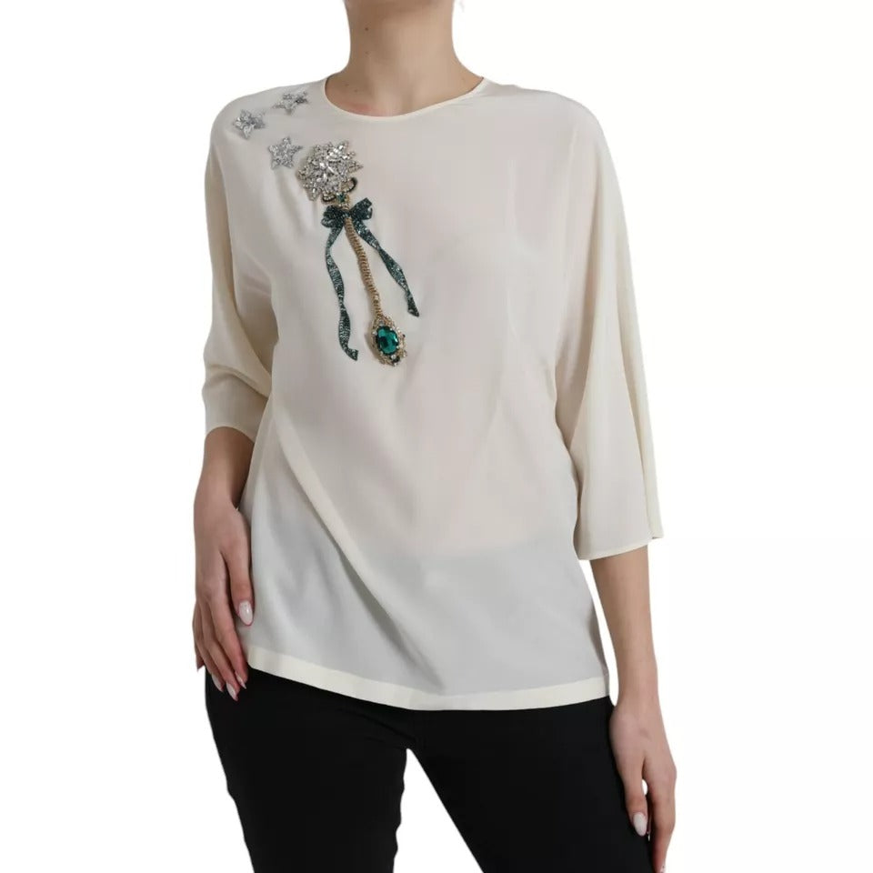 Dolce & Gabbana witte zijden blouse met kristallen en 3/4 mouwen
