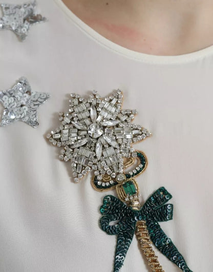 Dolce & Gabbana witte zijden blouse met kristallen en 3/4 mouwen