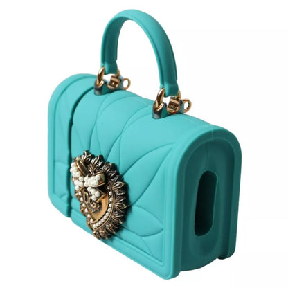 Étui pour Airpods Dolce & Gabbana en silicone turquoise avec motif cœur dévotion
