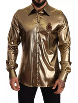 Chemise en soie Dolce &amp; Gabbana brodée de la couronne DG, couleur or métallisé.