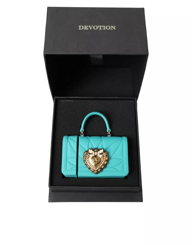 Étui pour Airpods Dolce & Gabbana en silicone turquoise avec motif cœur dévotion