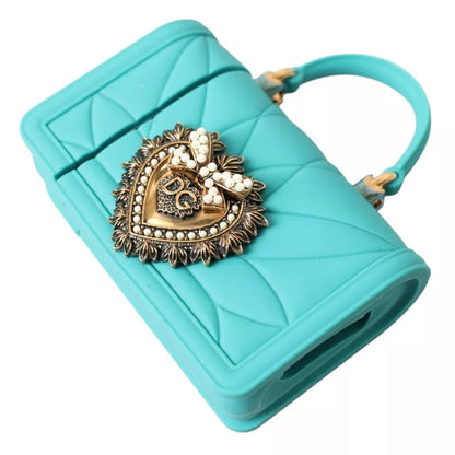 Étui pour Airpods Dolce & Gabbana en silicone turquoise avec motif cœur dévotion