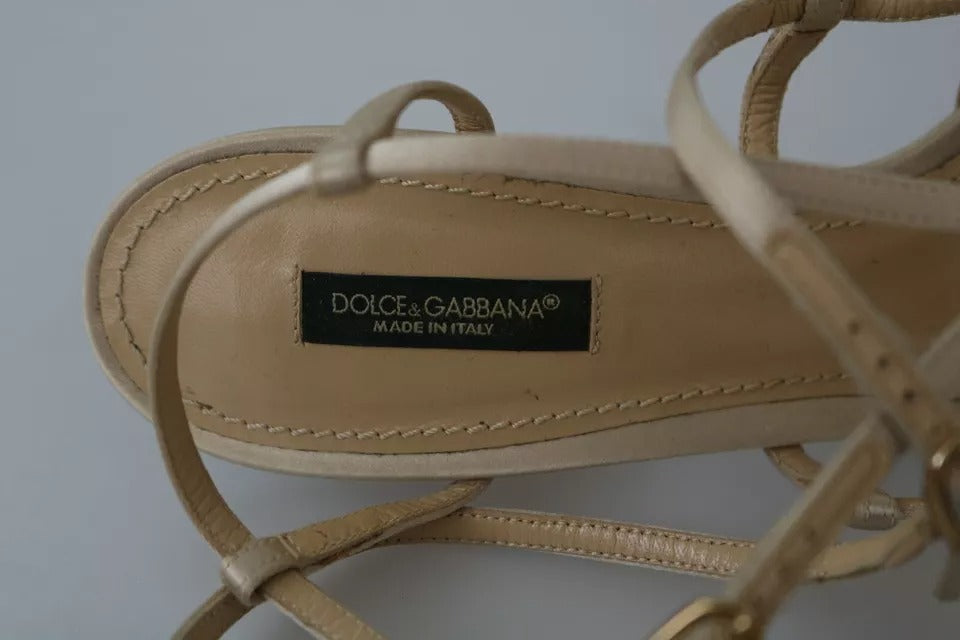 Dolce & Gabbana Gold Silk Ankle Strap Heels Sandals