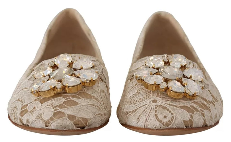 Dolce & Gabbana Beige Lace Crystal Ballet Flats