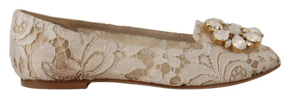 Dolce & Gabbana Beige Lace Crystal Ballet Flats