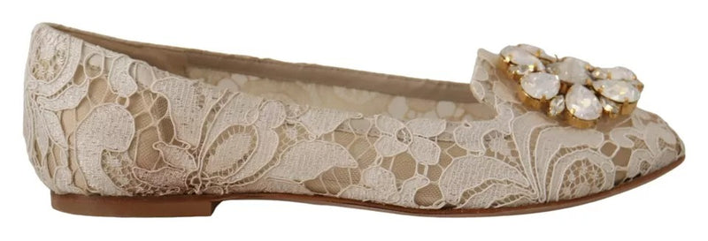Dolce & Gabbana Beige Lace Crystal Ballet Flats