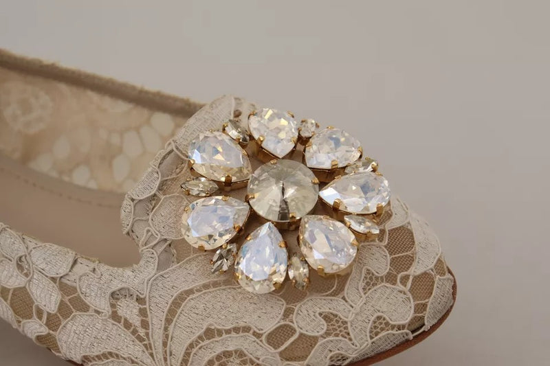 Dolce & Gabbana Beige Lace Crystal Ballet Flats