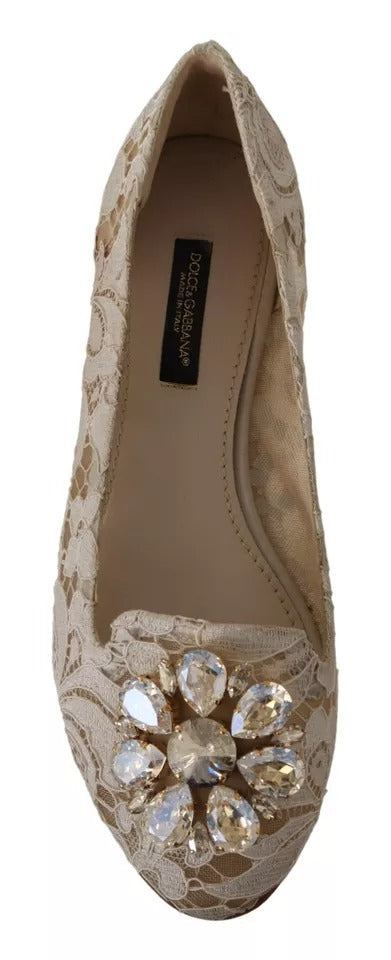 Dolce & Gabbana Beige Lace Crystal Ballet Flats