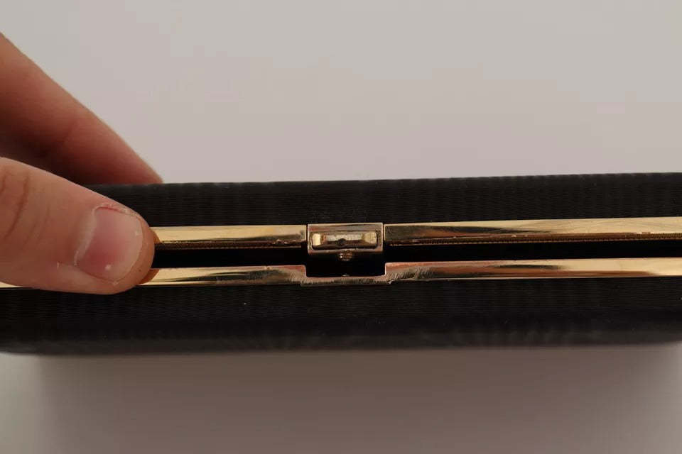 Dolce & Gabbana Black Silk Gold Frame Clutch Evening Purse