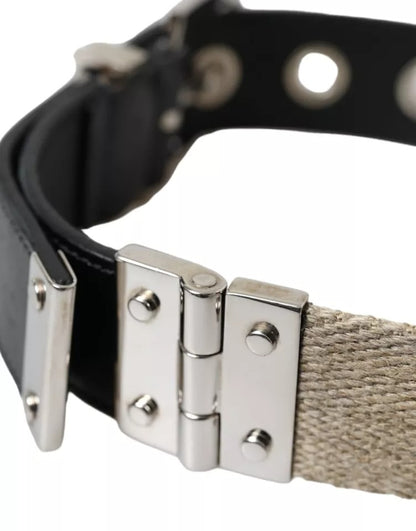 Dolce & Gabbana Zwarte Leren Beige Band Zilveren Metalen Gesp Riem