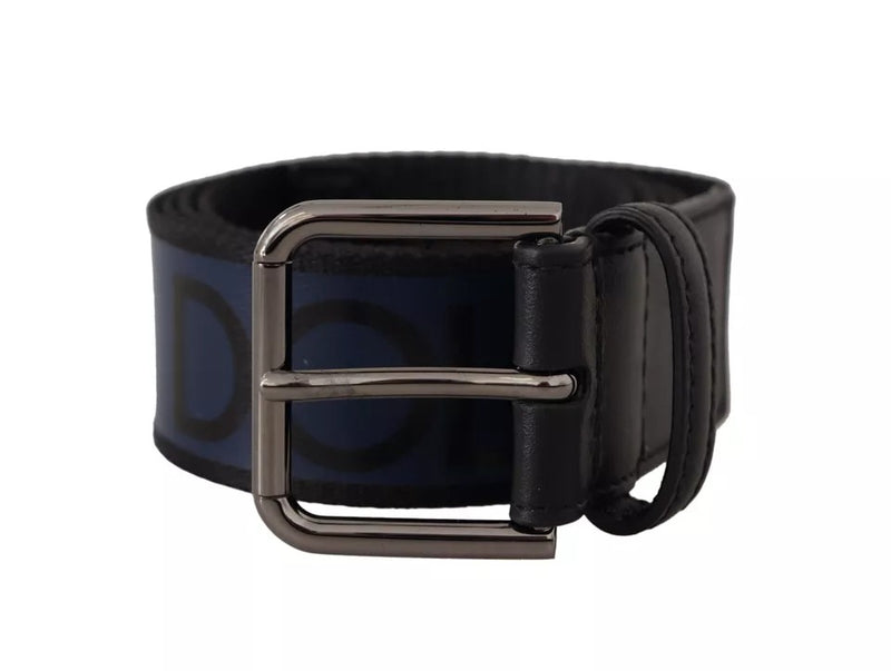 Ceinture Dolce &amp; Gabbana à boucle argentée et logo imprimé bleu et noir