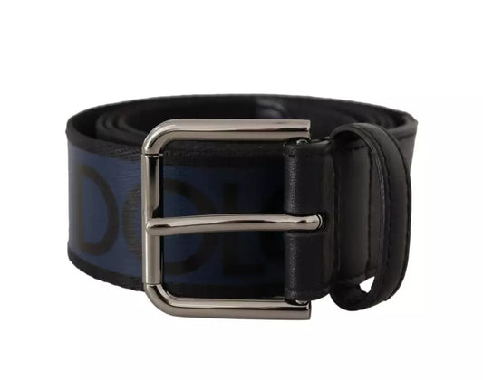 Dolce &amp; Gabbana Blauw Zwart Logo Print Zilveren Gesp Riem