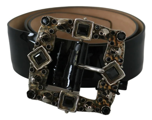 Dolce & Gabbana Zwarte Glanzende Leren Riem met Kristallen Logo Gesp