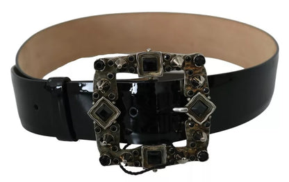 Dolce & Gabbana Zwarte Glanzende Leren Riem met Kristallen Logo Gesp