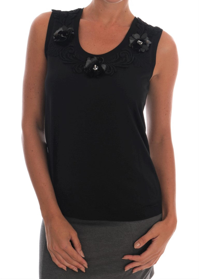 Débardeur Dolce &amp; Gabbana en coton noir à fleurs et cristaux